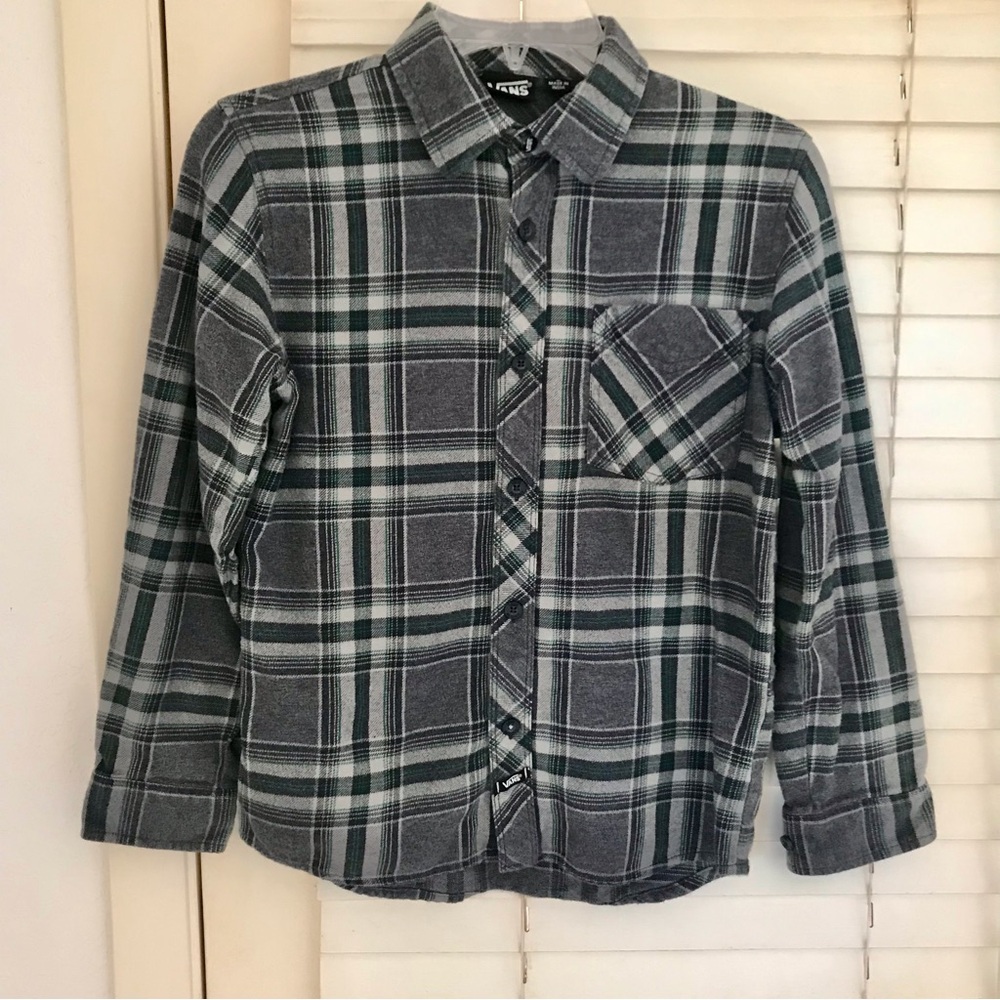 Vintage Kids Vans flannel button down shirt sz large Plaid Gray w/ Green Stripe